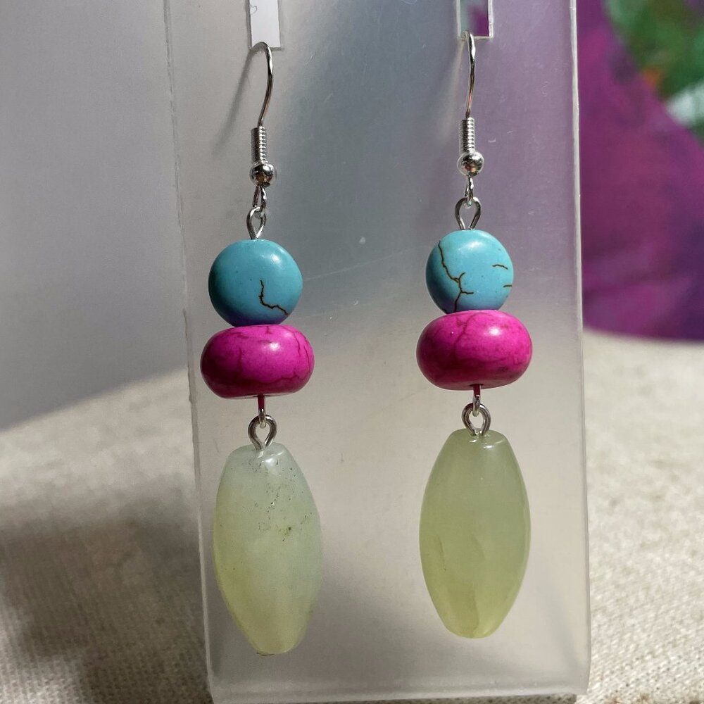 Artisan Handmade Colorful Mixed Stones Dangle Earrings 2 ½” L NEW